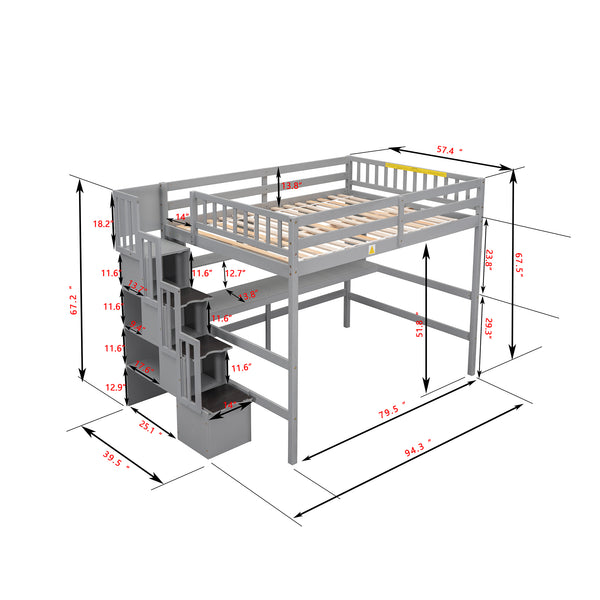 English Elm Full Size Loft Bed With Integrated Desk, Storage Staircase & Modern Grey Finish For Space-Saving W504S00109