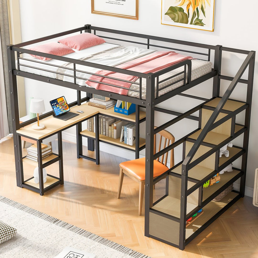 English Elm Full Full Size Metal Loft Bed with Staircase, Built-In Desk & Shelves, Space-Saving Black Steel Design GX001121AAB