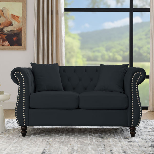 English Elm 58.8" Chesterfield Sofa Velvet 2-Seater Tufted Couch with Rolled Arms, Nailhead Trim, Plush Comfort Black W834S00106