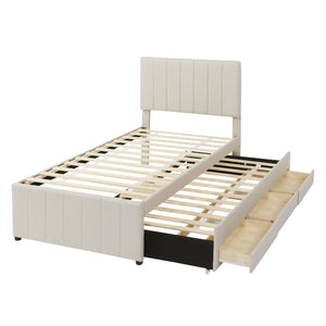 English Elm Twin Upholstered Platform Bed with Trundle & 3 Drawers, Linen Upholstery, Sturdy Wood Frame, Space-Saving Design Beige SF000049AAA