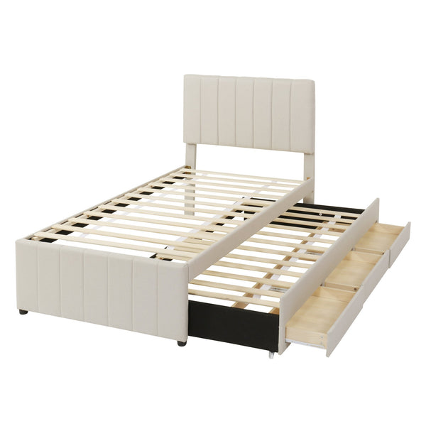 English Elm Twin Upholstered Platform Bed with Trundle & 3 Drawers, Linen Upholstery, Sturdy Wood Frame, Space-Saving Design Beige SF000049AAA