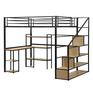 English Elm Full Full Size Metal Loft Bed with Staircase, Built-In Desk & Shelves, Space-Saving Black Steel Design GX001121AAB