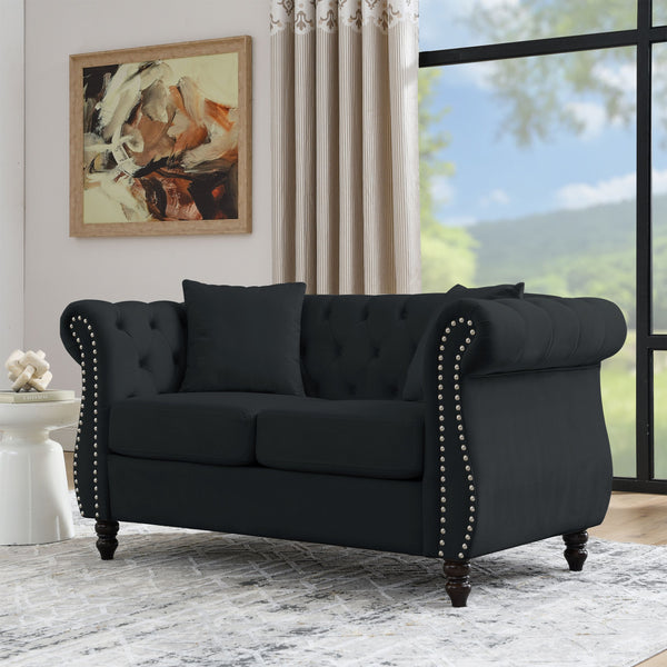 English Elm 58.8" Chesterfield Sofa Velvet 2-Seater Tufted Couch with Rolled Arms, Nailhead Trim, Plush Comfort Black W834S00106