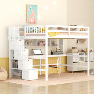 English Elm Full Size Loft Bed With Integrated Desk, Bookshelves & Storage Staircase - Space-Saving Design! W504S00110