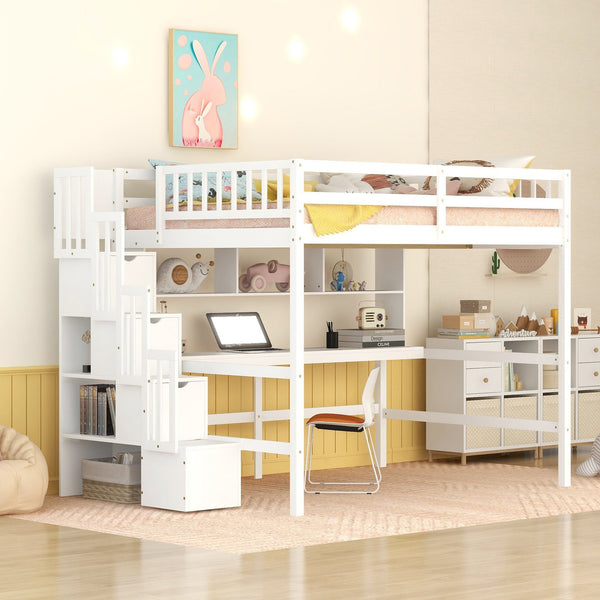 English Elm Full Size Loft Bed With Integrated Desk, Bookshelves & Storage Staircase - Space-Saving Design! W504S00110