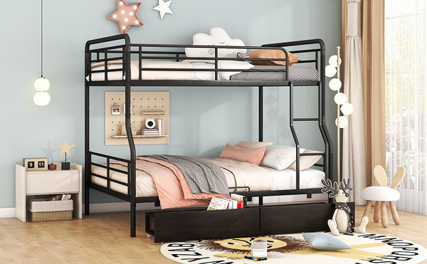 English Elm Full Full XL over Queen Metal Bunk Bed with Chrome Finish, Sturdy Iron Frame, Space-Saving Drawers and Stable Support for Kids and Teens Black SF000027AAB