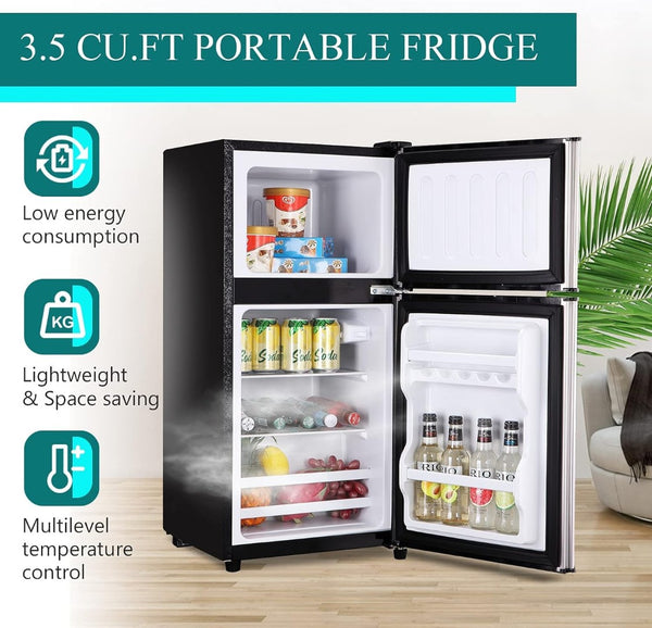 English Elm 3.5cu.ft Two Door Compact Mini Fridge with Top Freezer Tempered Glass Shelves Dorm Bar Silver W1002137470