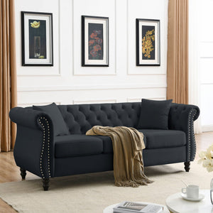 English Elm Elegant 80" Chesterfield Sofa In Luxurious Black Velvet - 3 Seater Couch With Pillows W834S00107-GIGA