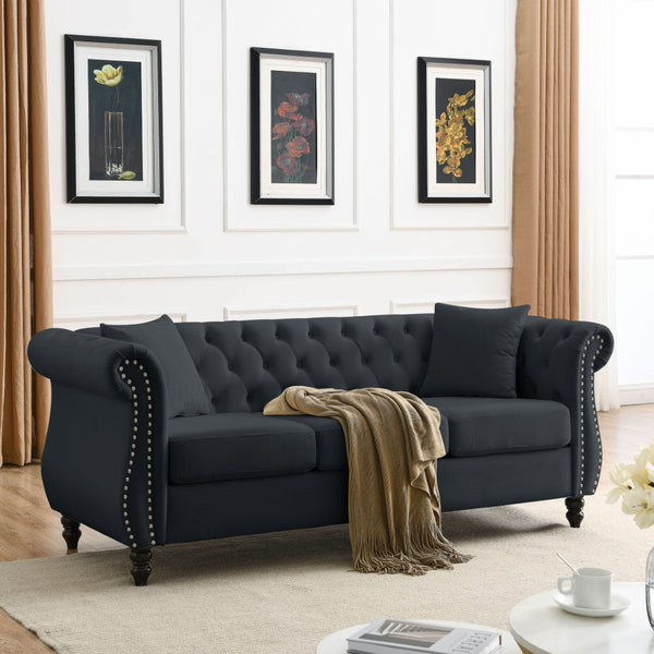 English Elm Elegant 80" Chesterfield Sofa In Luxurious Black Velvet - 3 Seater Couch With Pillows W834S00107-GIGA