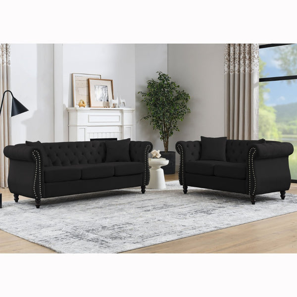 English Elm Luxurious 80" Chesterfield Sofa In Black Velvet - Stylish 3-Seater Tufted Couch With Pillows W834S00152-GIGA