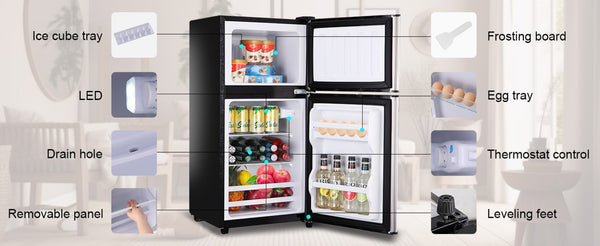 English Elm 3.5cu.ft Two Door Compact Mini Fridge with Top Freezer Tempered Glass Shelves Dorm Bar Silver W1002137470