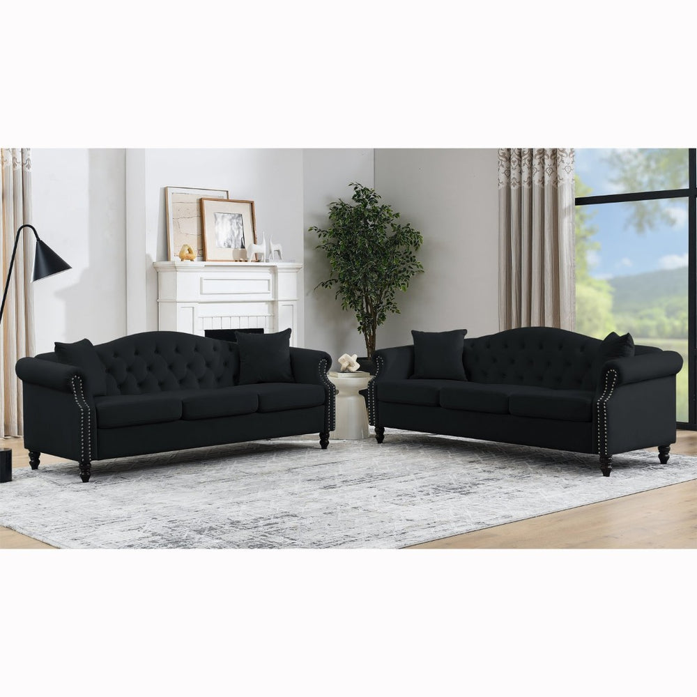 English Elm Luxurious 79" Chesterfield Sofa In Black Velvet - Elegant 3-Seater Tufted Couch For Any Space W834S00155-GIGA