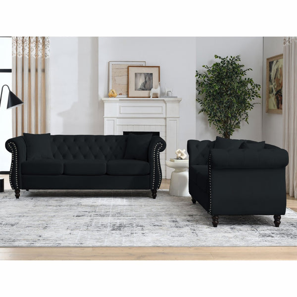 English Elm Luxurious 80" Chesterfield Sofa In Black Velvet - Stylish 3-Seater Tufted Couch With Pillows W834S00152-GIGA