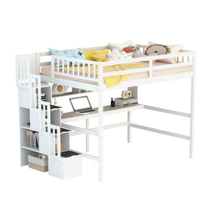 English Elm Full Size Loft Bed With Integrated Desk, Bookshelves & Storage Staircase - Space-Saving Design! W504S00110