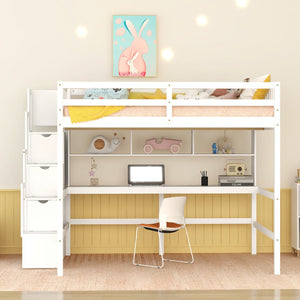 English Elm Full Size Loft Bed With Integrated Desk, Bookshelves & Storage Staircase - Space-Saving Design! W504S00110