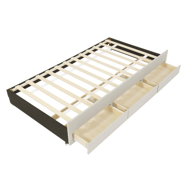 English Elm Twin Upholstered Platform Bed with Trundle & 3 Drawers, Linen Upholstery, Sturdy Wood Frame, Space-Saving Design Beige SF000049AAA
