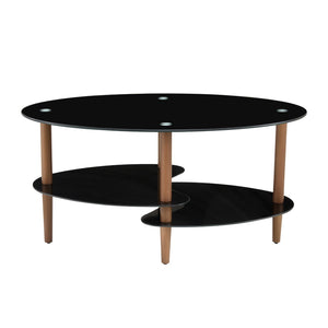 English Elm Black Oval Tempered Glass Coffee Table with Oak Legs Three Tier Living Room W241137476