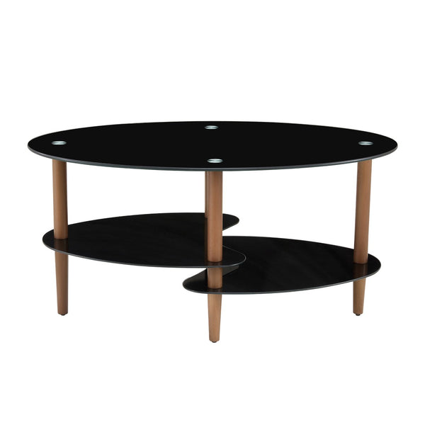 English Elm Black Oval Tempered Glass Coffee Table with Oak Legs Three Tier Living Room W241137476