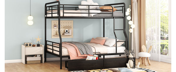 English Elm Full Full XL over Queen Metal Bunk Bed with Chrome Finish, Sturdy Iron Frame, Space-Saving Drawers and Stable Support for Kids and Teens Black SF000027AAB