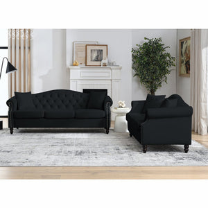 English Elm Luxurious 79" Chesterfield Sofa In Black Velvet - Tufted 3-Seater Couch With Pillows & Style W834S00156-GIGA