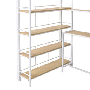 English Elm Twin Metal Loft Bed with Staircase, Built-In Desk & Shelves White — Space-Saving Study Station, Sturdy Metal Frame (Twin) GX001122AAK