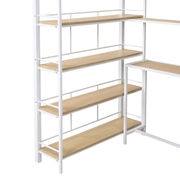 English Elm Twin Metal Loft Bed with Staircase, Built-In Desk & Shelves White — Space-Saving Study Station, Sturdy Metal Frame (Twin) GX001122AAK