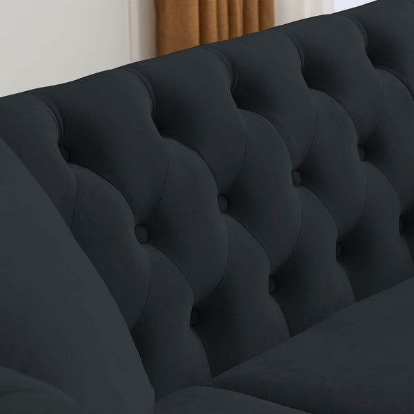 English Elm 58.8" Chesterfield Sofa Velvet 2-Seater Tufted Couch with Rolled Arms, Nailhead Trim, Solid Wood Feet Black W834S00509