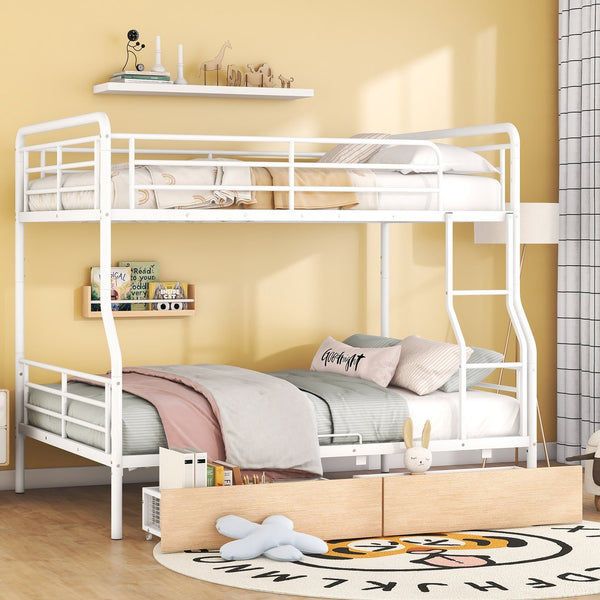 English Elm Full Full XL over Queen Metal Bunk Bed with Chrome Finish, Sturdy Iron Frame, Space-Saving Drawers and Stable Support for Kids and Teens White SF000027AAK
