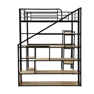 English Elm Full Full Size Metal Loft Bed with Staircase, Built-In Desk & Shelves, Space-Saving Black Steel Design GX001121AAB