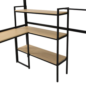 English Elm Full Full Size Metal Loft Bed with Staircase, Built-In Desk & Shelves, Space-Saving Black Steel Design GX001121AAB