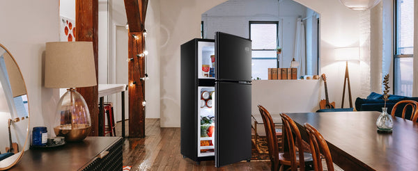 English Elm 3.5cu.ft Two Door Compact Mini Fridge with Top Freezer Tempered Glass Shelves Dorm Bar Black W1002137472
