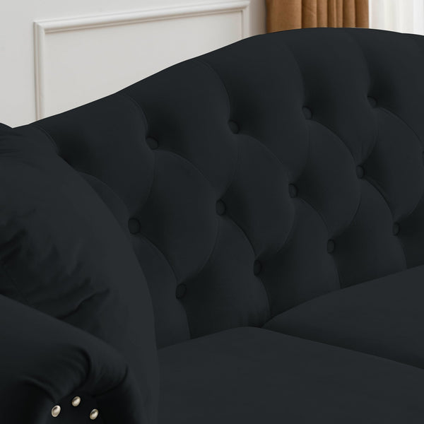 English Elm 57" Chesterfield Sofa Velvet 2-Seater Tufted Design with Rolled Arms, Nailhead Trim, Solid Wood Legs Black W834S00108