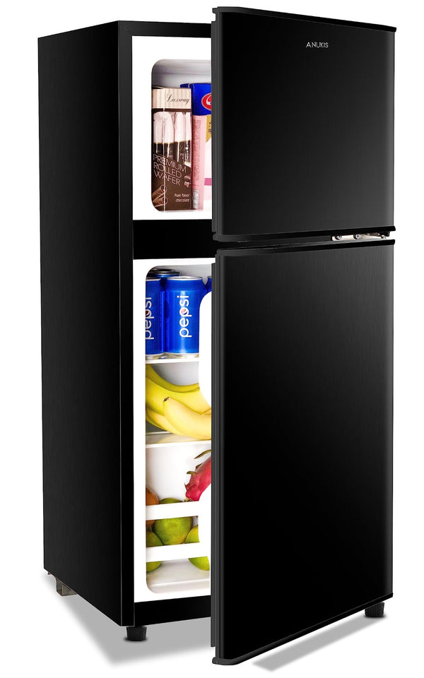 English Elm 3.5cu.ft Two Door Compact Mini Fridge with Top Freezer Tempered Glass Shelves Dorm Bar Black W1002137472