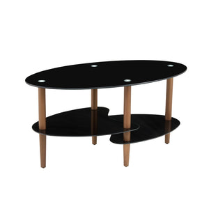 English Elm Black Oval Tempered Glass Coffee Table with Oak Legs Three Tier Living Room W241137476