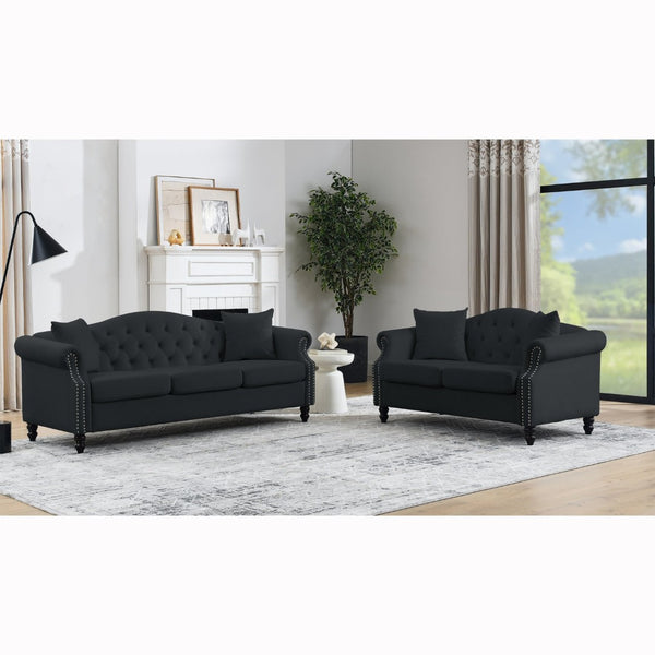 English Elm Luxurious 79" Chesterfield Sofa In Black Velvet - Tufted 3-Seater Couch With Pillows & Style W834S00156-GIGA