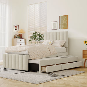 English Elm Twin Upholstered Platform Bed with Trundle & 3 Drawers, Linen Upholstery, Sturdy Wood Frame, Space-Saving Design Beige SF000049AAA