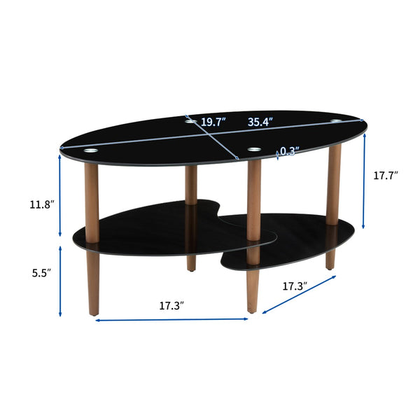 English Elm Black Oval Tempered Glass Coffee Table with Oak Legs Three Tier Living Room W241137476