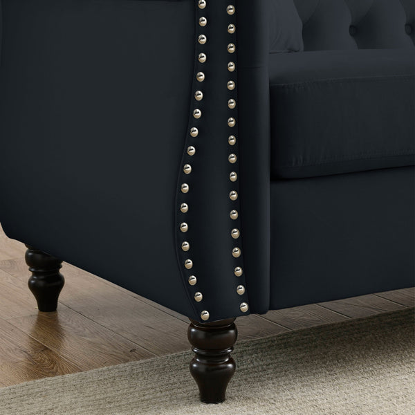 English Elm 58.8" Chesterfield Sofa Velvet 2-Seater Tufted Couch with Rolled Arms, Nailhead Trim, Solid Wood Feet Black W834S00509