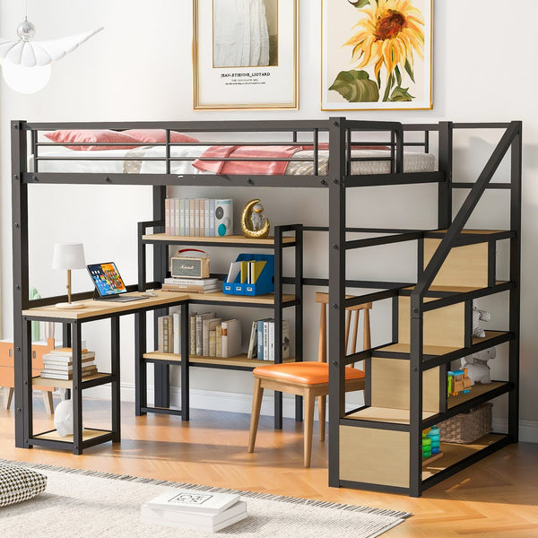English Elm Full Full Size Metal Loft Bed with Staircase, Built-In Desk & Shelves, Space-Saving Black Steel Design GX001121AAB