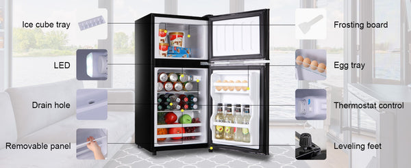 English Elm 3.5cu.ft Two Door Compact Mini Fridge with Top Freezer Tempered Glass Shelves Dorm Bar Black W1002137472