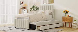 English Elm Twin Upholstered Platform Bed with Trundle & 3 Drawers, Linen Upholstery, Sturdy Wood Frame, Space-Saving Design Beige SF000049AAA