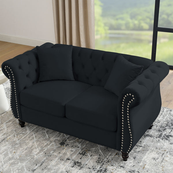 English Elm 58.8" Chesterfield Sofa Velvet 2-Seater Tufted Couch with Rolled Arms, Nailhead Trim, Solid Wood Feet Black W834S00509