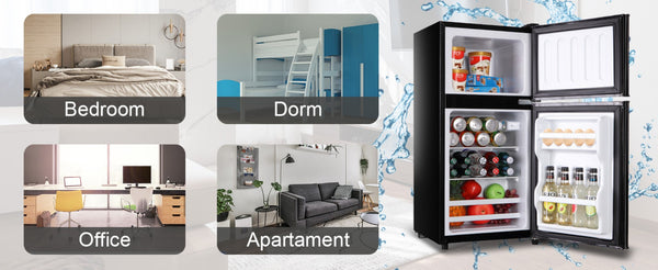 English Elm 3.5cu.ft Two Door Compact Mini Fridge with Top Freezer Tempered Glass Shelves Dorm Bar Black W1002137472