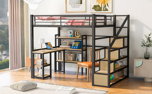 English Elm Full Full Size Metal Loft Bed with Staircase, Built-In Desk & Shelves, Space-Saving Black Steel Design GX001121AAB
