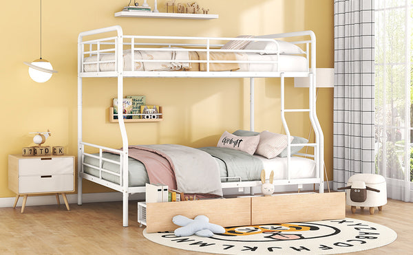 English Elm Full Full XL over Queen Metal Bunk Bed with Chrome Finish, Sturdy Iron Frame, Space-Saving Drawers and Stable Support for Kids and Teens White SF000027AAK