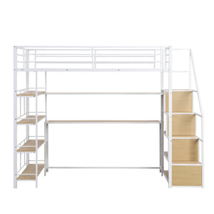 English Elm Twin Metal Loft Bed with Staircase, Built-In Desk & Shelves White — Space-Saving Study Station, Sturdy Metal Frame (Twin) GX001122AAK