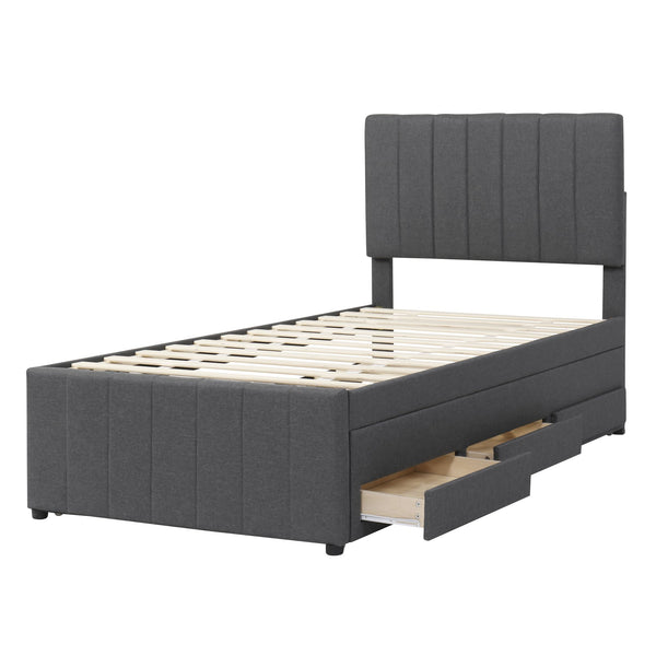 English Elm Twin Upholstered Platform Bed with Trundle & 3 Drawers, Linen Upholstery, Sturdy Wood Frame, Space-Saving Design Gray SF000049AAE
