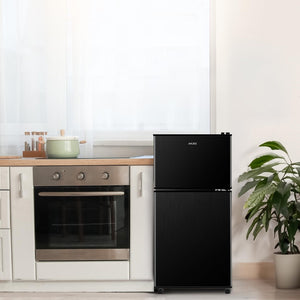 English Elm 3.5cu.ft Two Door Compact Mini Fridge with Top Freezer Tempered Glass Shelves Dorm Bar Black W1002137472