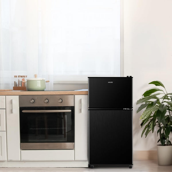 English Elm 3.5cu.ft Two Door Compact Mini Fridge with Top Freezer Tempered Glass Shelves Dorm Bar Black W1002137472