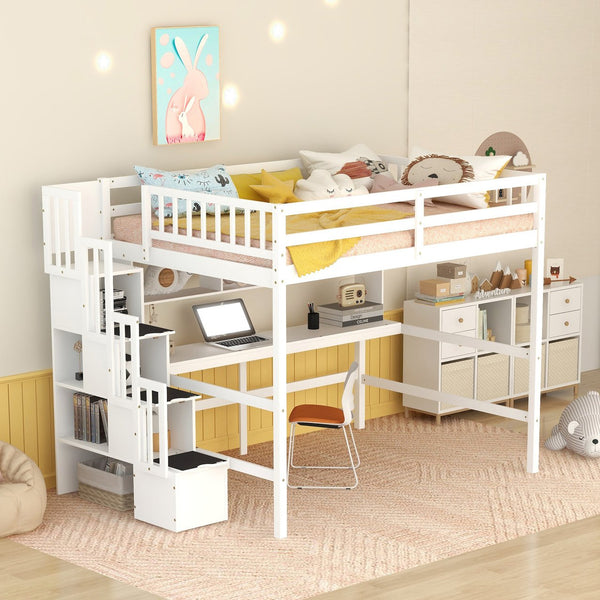English Elm Full Size Loft Bed With Integrated Desk, Bookshelves & Storage Staircase - Space-Saving Design! W504S00110